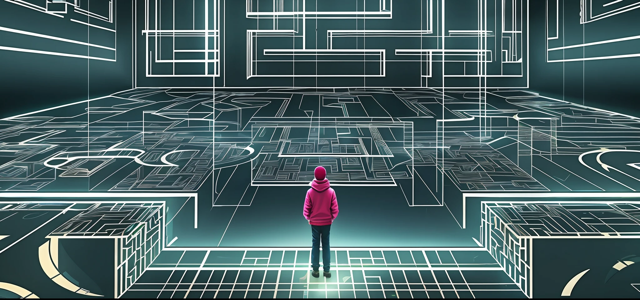Quadratischer Innenraum, Geheimraum, immersives Indoor-Horror-Thema, Fluchtraum, Holographie, Projektion, LED, Labyrinth, digitaler immersiver Innenraum, Figuren, Entschlüsselung, Erkundung, Detail, Hohe Präzision, ground Projektion, Linien, Rätsel, ein Mädchen, ein Junge, the ground has a Labyrinth pattern, Die Oberseite ist Spiegel, Betrachtung, an der Wand hängt ein holografischer Sci-Fi-Avatar, Spukhaus, Beginn, Verzerrung, räumliche Transformation, specular Betrachtung, komplexes Muster, there is an operating table in the middle of the house with holographic Figuren on it, Es gibt VR-Brillen, Oben im Raum befindet sich ein Spiegel, der den gesamten Raum reflektiert