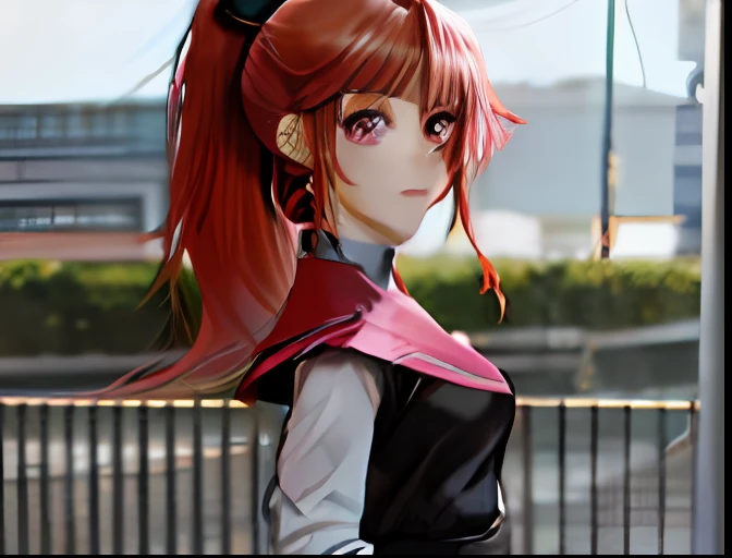 An anime girl with a ponytail order order,Pink eyes,Red hair,