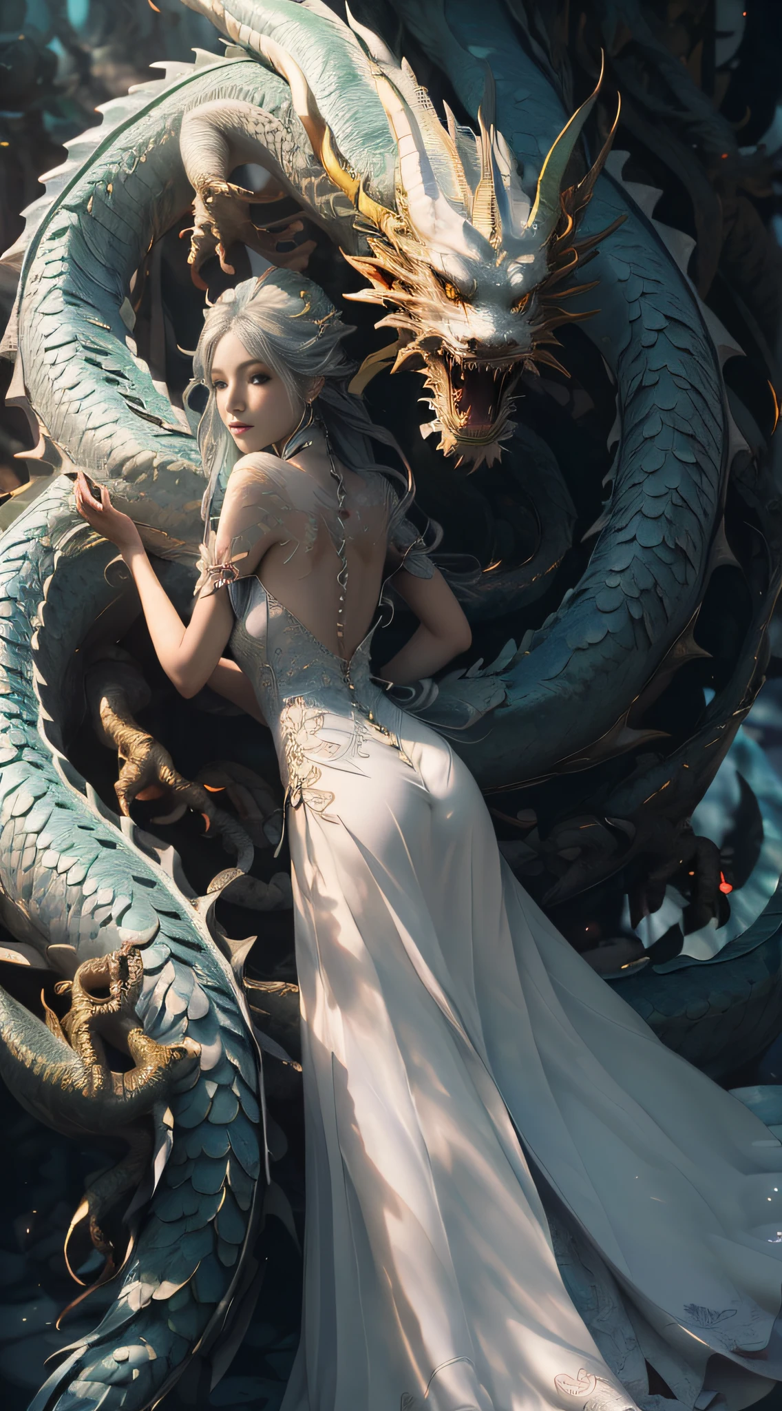 dragon_real,(extremely detailed CG unity 8k wallpaper,masterpiece, best quality, ultra-detailed, beautiful detailed eyes:1.2),best illumination, (best shadow, an extremely delicate and beautiful, bloom),the girl was surrounded by dragons,
(1girl:1.4),breasts, solo,full body,Back tattoo,white dress,(color dragon:1.4),Bare leg,long dress,
