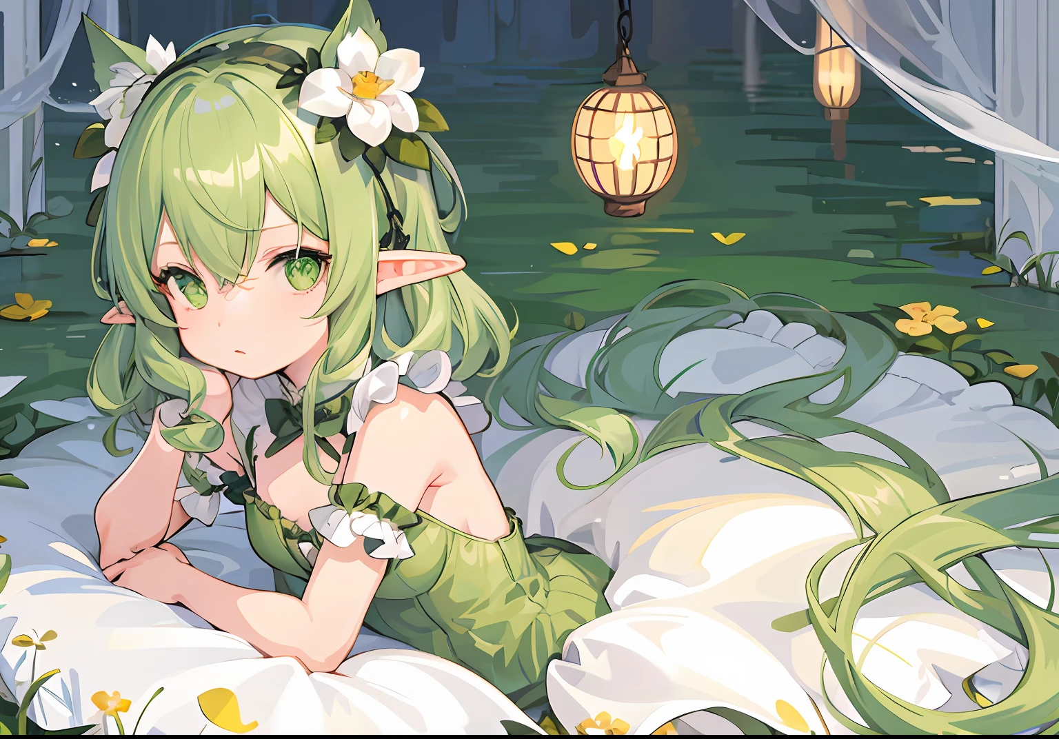 Two-dimensional – a loli lying in bed，Style image with green leaves on the head, Elf Girl, small curvaceous loli, Pisif, little elf girl, zerochan art, at pixiv, loli in dress, clear green eyes, cute anime catgirl, cute round green slanted eyes, Soft anime illustration, Loli, Detailed fanart, dreamy green eyes，whaite hair，Light shades