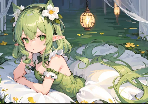 Two-dimensional – a loli lying in bed，Style image with green leaves on the head, Elf Girl, small curvaceous loli, Pisif, little ...