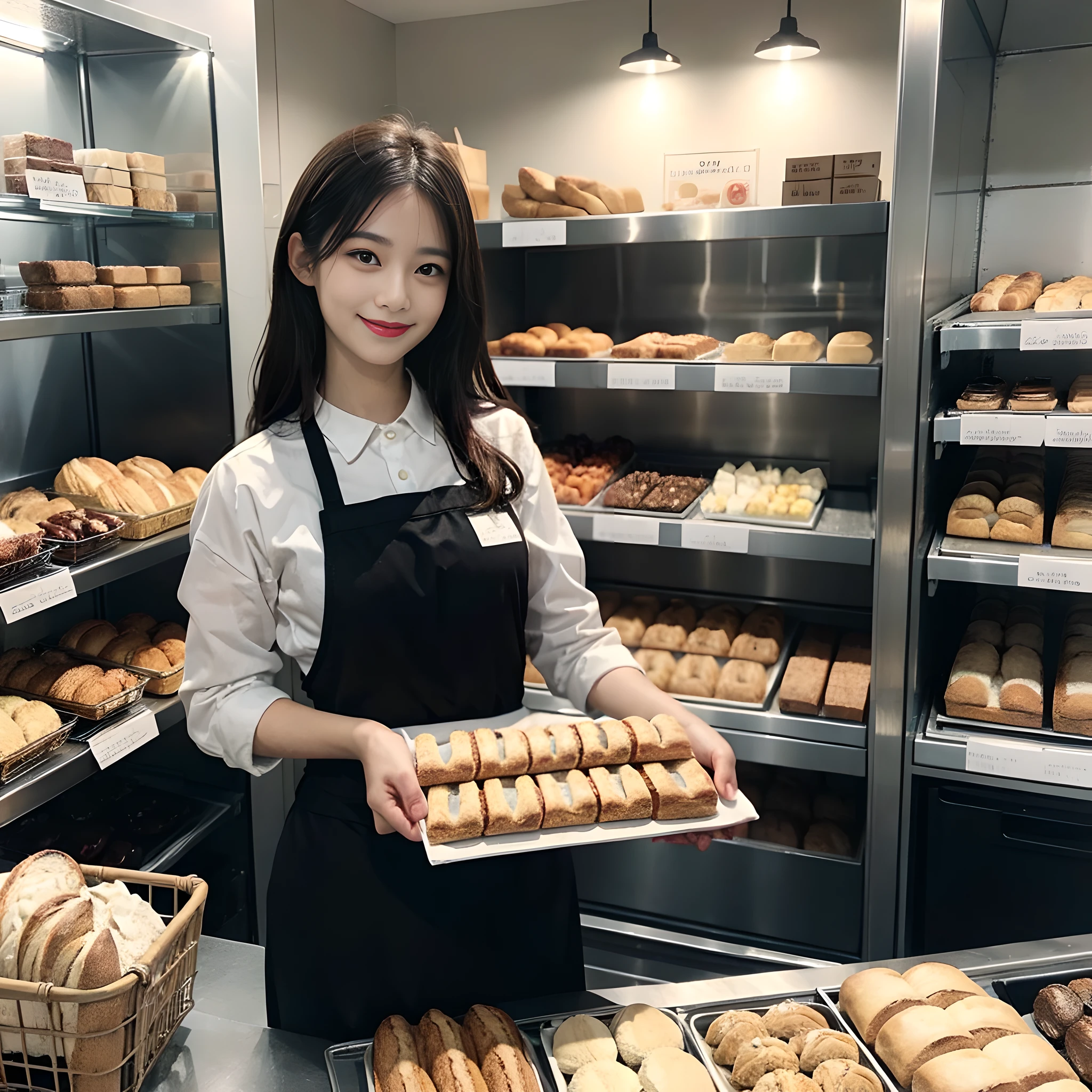 Empleada en panadería、pan recién horneado、Una sonrisa