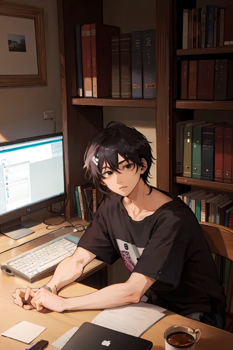 high quality1.5,there is a man sitting at a desk with a laptop and a computer, by shinkai makoto. a digital rendering, young ani...