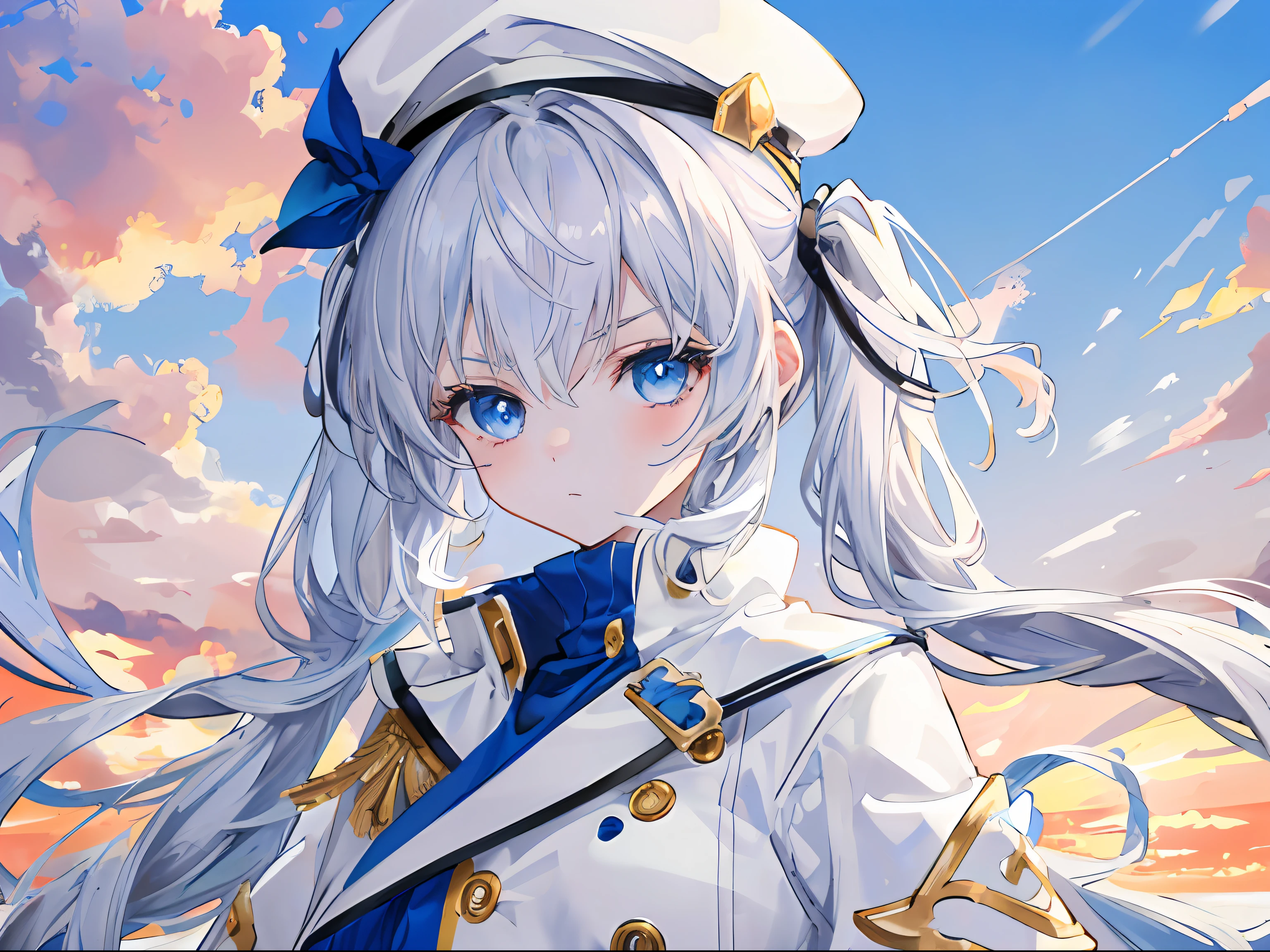 superb view, clouds, sunset, landscape main, blue sky, child, little girl, white coat, long coat, beret, nostalgic, serious expression, (hi-res), (absurdity), (best quality), (high quality), (masterpiece), one girl, solo, silver hair, light blue eyes, long hair, twin tails, hair above one eye, (big breasts), white thighs, 8k, high definition, movie lighting, beautiful fingers, well-formed fingers, High Detail,Sony FE GM,Cute,White Skin,Light Hair,Clear White Skin,Glowing Eyes,Color Contact Lenses,Anime Style,Motion Lines,Glittery Eyes,Shiny Hair