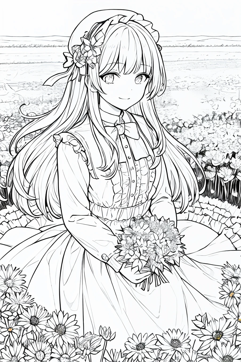 masterpiece, best quality, 1girl, solo, long_hair, looking_at_viewer, smile, bangs, skirt, shirt, long_sleeves, hat, dress, bow, holding, closed_mouth, flower, frills, hair_flower, petals, bouquet, holding_flower, center_frills, bonnet, holding_bouquet, flower field, flower field, lineart, monochrome,