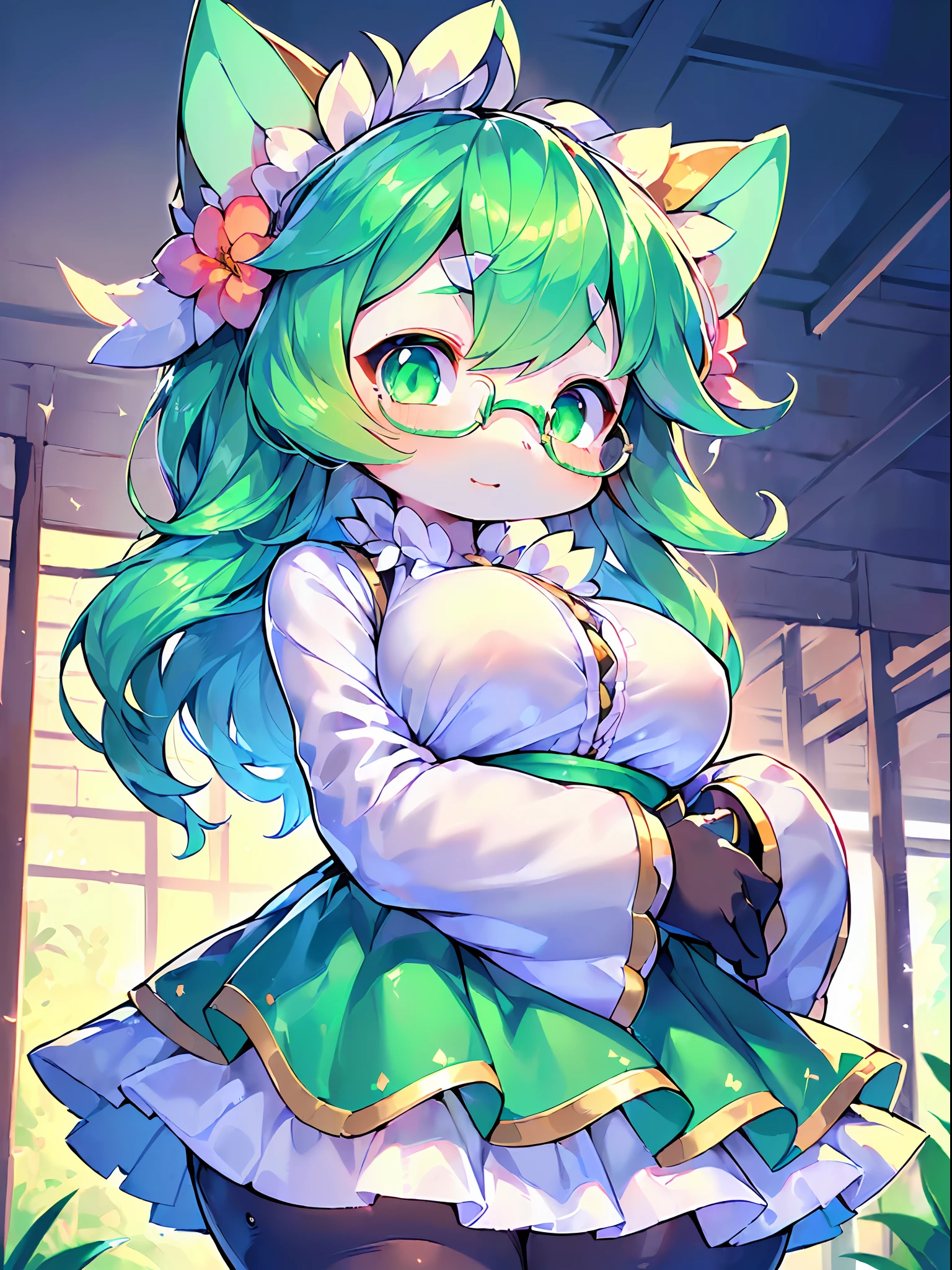 (​masterpiece、Top image quality、Detailed eye highlightasutepiece,Best Quality, Illustration,Beautiful detailed girl,Beautiful detailed glow, pixiv、8K high image quality:1.2)、(Emerald hair、white body hair, one girls、solo:1.5)、(put on clothes、eye glasses、elementary student、5years old、、ultra gigantic 、Young features:1.4)、Gentle、motherly、clever、Seductive facial expressions、(Gray Shadow Dress,Wide sleeves,Floral Print Sleeve,Gothic lolita,White skirt,layered skirts,White sleeves:1.1)、(Emphasize the face、Bring your face closer、scornful:1.3)