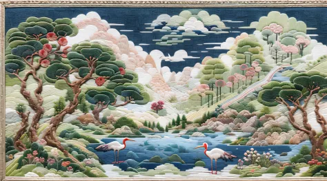 needle point embroidery，（cross-stitch landscape，embroidered landscape），antique game scene design，white crane，lotuses，waterfallr，...