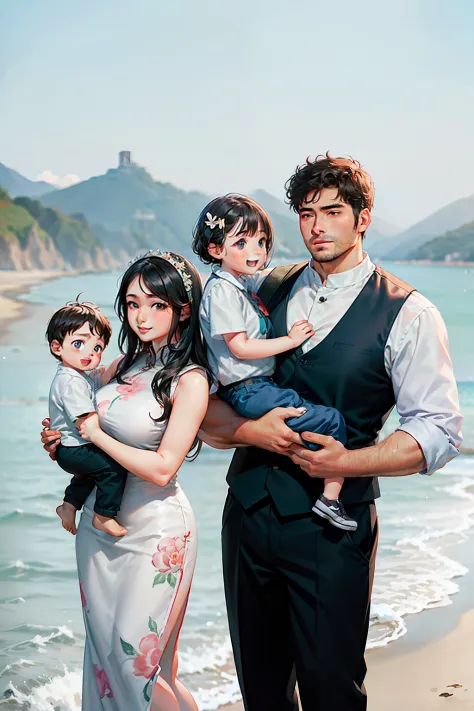 Family of three，The woman is chubby and good-looking，The man is tall and handsome，The baby boy is super cute，Seaside scenery China