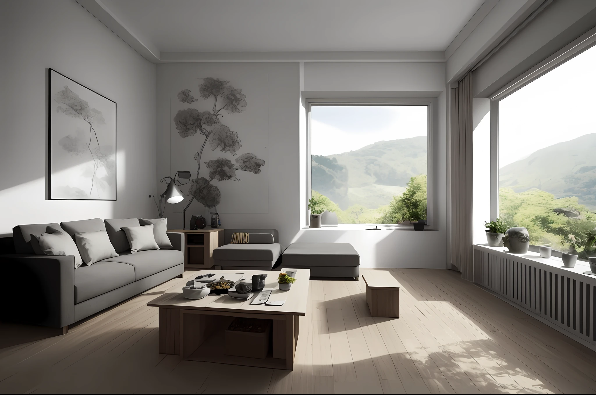 Meisterstück，Beste Qualität zum besten Preis，hohe Qualität，Das ist sehr detailliert, CG einheitliches 8k-Hintergrundbild，Design im minimalistischen Stil，Modernes Wohnzimmer，drinnen im Zimmer，Am Tag，ohne Menschen，Szenerie，Wandgemälde，Bokeh，verschwommen im Vordergrund，HDR，Blüten，Farblicher Unterschied，Realismus，Das ist sehr detailliert，Trends on ArtStation，Trends bei CGSociety, Hohe Detailliertheit, Kunst von Midjourney, Technologie, Confori, Pisif, Zimmer voller Hobbys, sofe，(Nur 1 Teetisch), Karikatur, Warmes Licht, Weiß，Nur ein Fenster