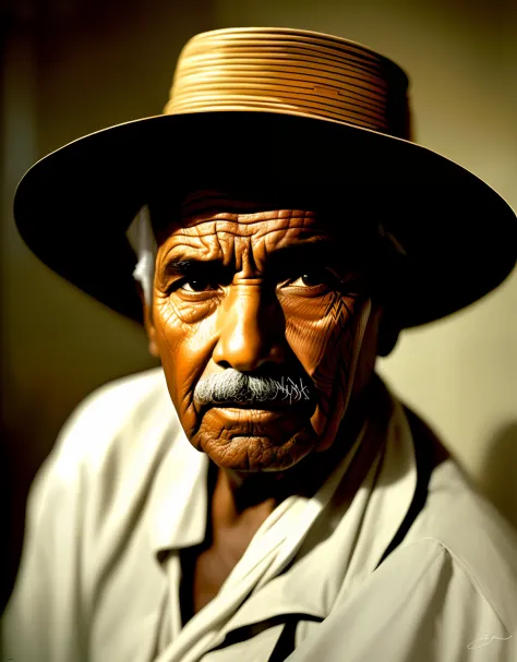 um retrato, fot apenas do rosto de um antigo vaqueiro do interior do nordeste do brasil dos anos 90, de aproximadamente 65 anos,...