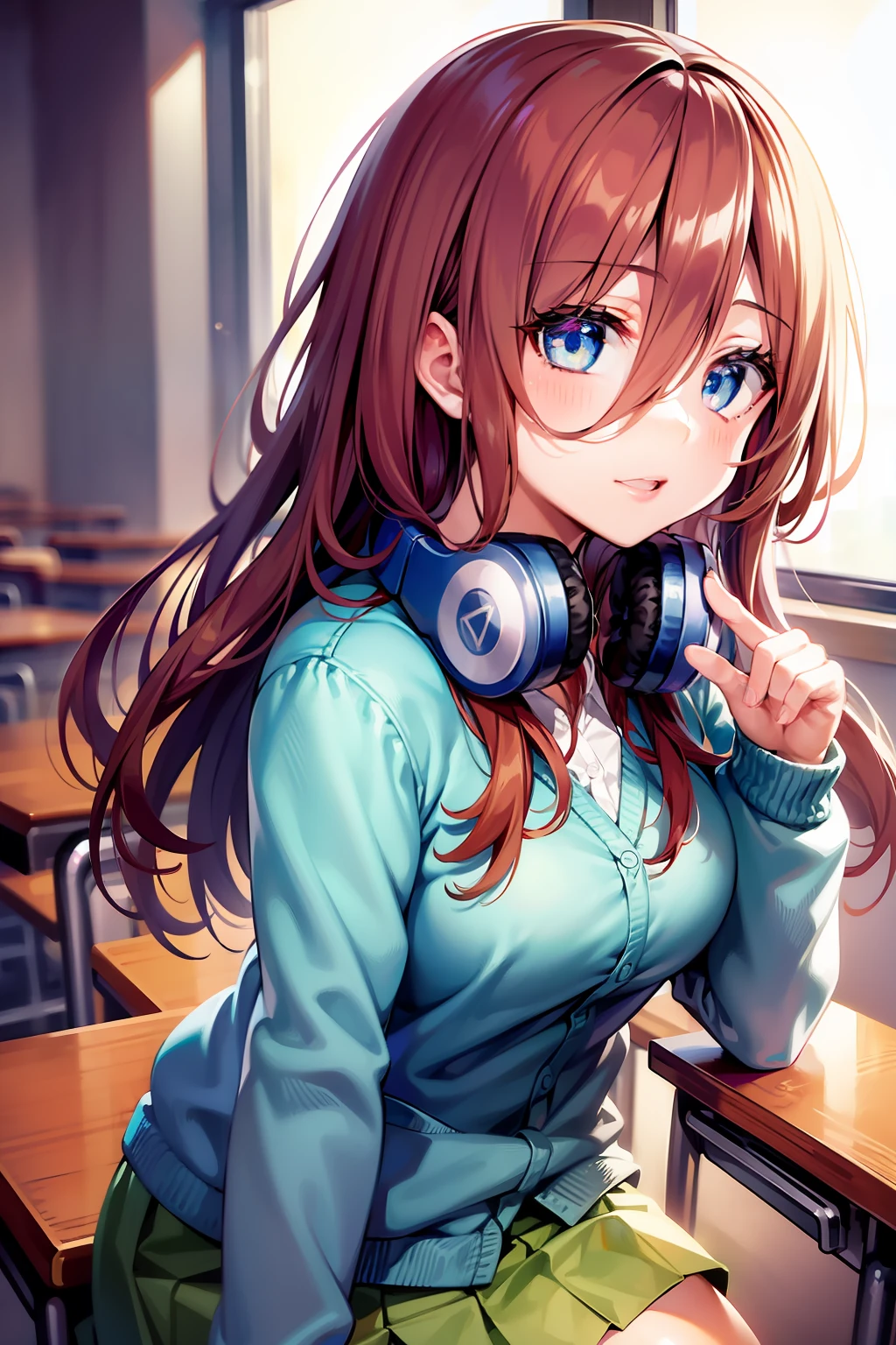 mikunakano, miku nakano, long hair, bangs, blue eyes, brown hair, shirt, hair between eyes, headphones, cardigan, headphones around neck,
BREAK skirt, shirt, long sleeves, white shirt, pantyhose, pleated skirt, black pantyhose, cardigan, green skirt, blue cardigan,
BREAK indoors, classroom,
BREAK looking at viewer, BREAK (masterpiece:1.2), best quality, high resolution, unity 8k wallpaper, (illustration:0.8), (beautiful detailed eyes:1.6), extremely detailed face, perfect lighting, extremely detailed CG, (perfect hands, perfect anatomy),