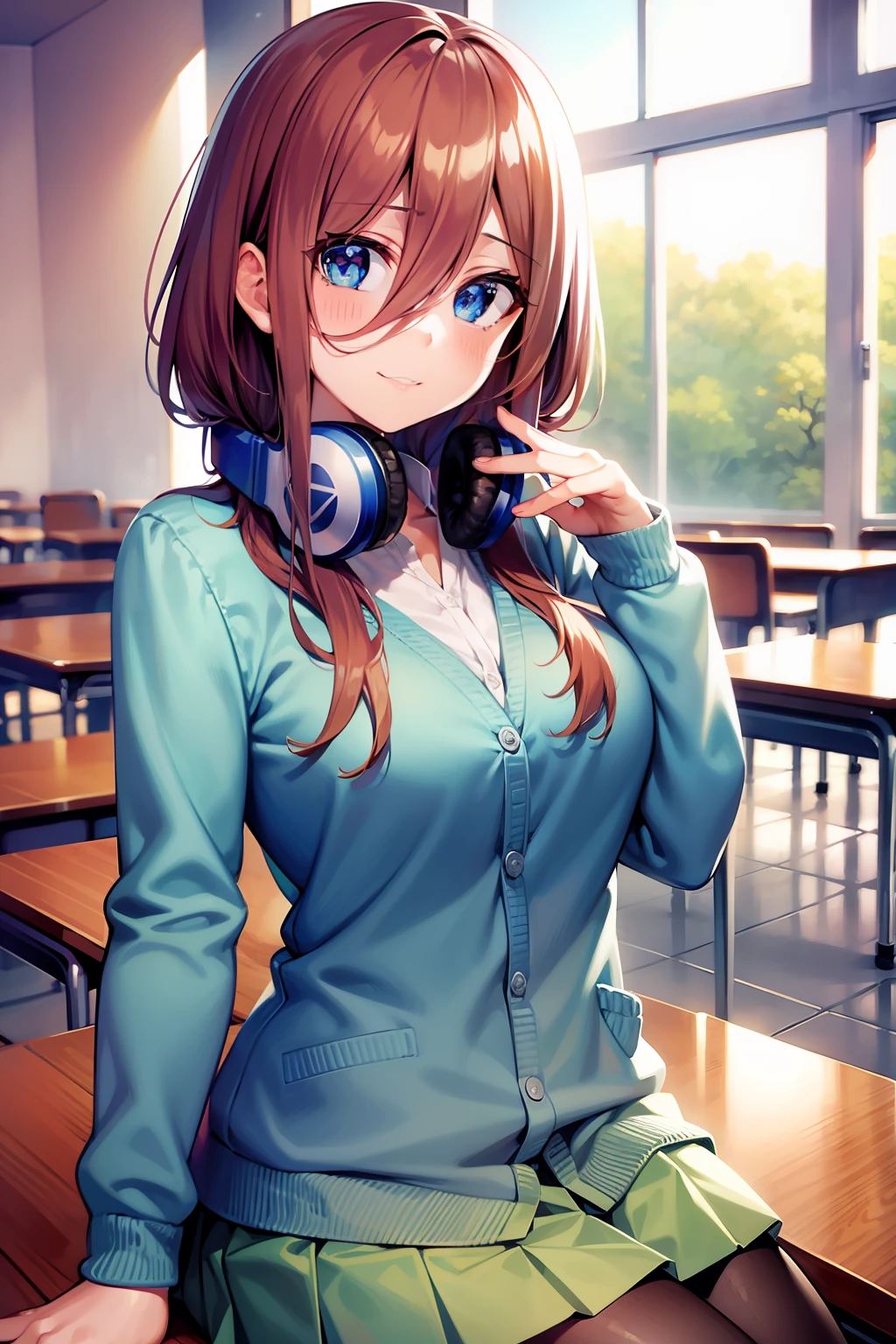 mikunakano, miku nakano, long hair, bangs, blue eyes, brown hair, shirt, hair between eyes, headphones, cardigan, headphones around neck,
BREAK skirt, shirt, long sleeves, white shirt, pantyhose, pleated skirt, black pantyhose, cardigan, green skirt, blue cardigan,
BREAK indoors, classroom,
BREAK looking at viewer, BREAK (masterpiece:1.2), best quality, high resolution, unity 8k wallpaper, (illustration:0.8), (beautiful detailed eyes:1.6), extremely detailed face, perfect lighting, extremely detailed CG, (perfect hands, perfect anatomy),