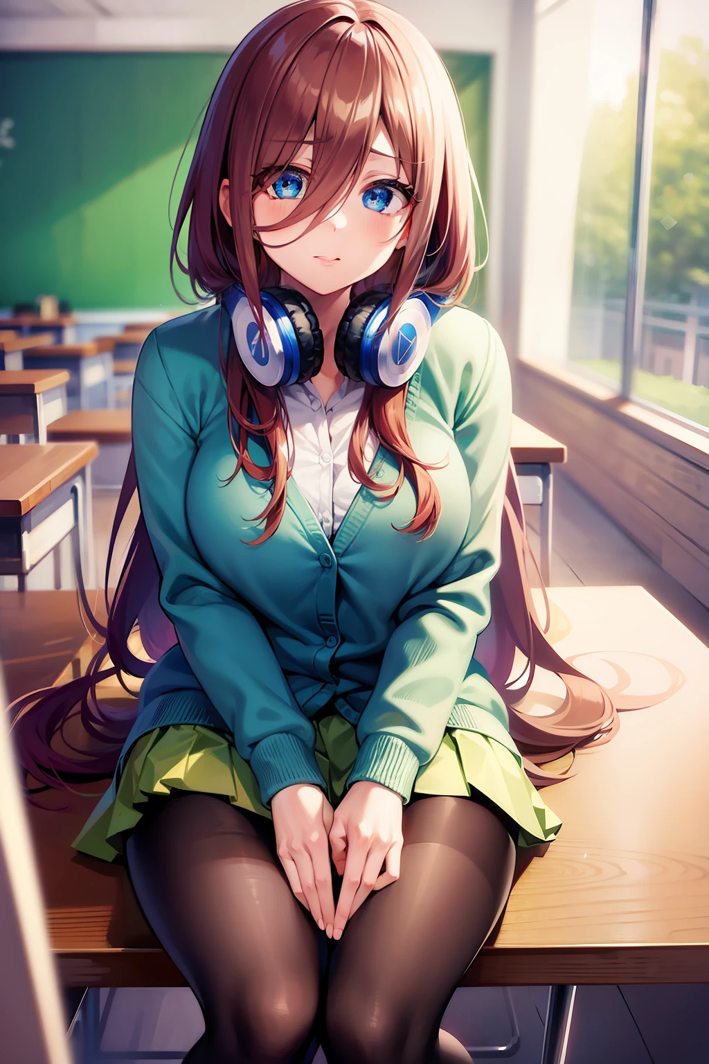 mikunakano, miku nakano, long hair, bangs, blue eyes, brown hair, shirt, hair between eyes, headphones, cardigan, headphones around neck,
BREAK skirt, shirt, long sleeves, white shirt, pantyhose, pleated skirt, black pantyhose, cardigan, green skirt, blue cardigan,
BREAK indoors, classroom,
BREAK looking at viewer, BREAK (masterpiece:1.2), best quality, high resolution, unity 8k wallpaper, (illustration:0.8), (beautiful detailed eyes:1.6), extremely detailed face, perfect lighting, extremely detailed CG, (perfect hands, perfect anatomy),