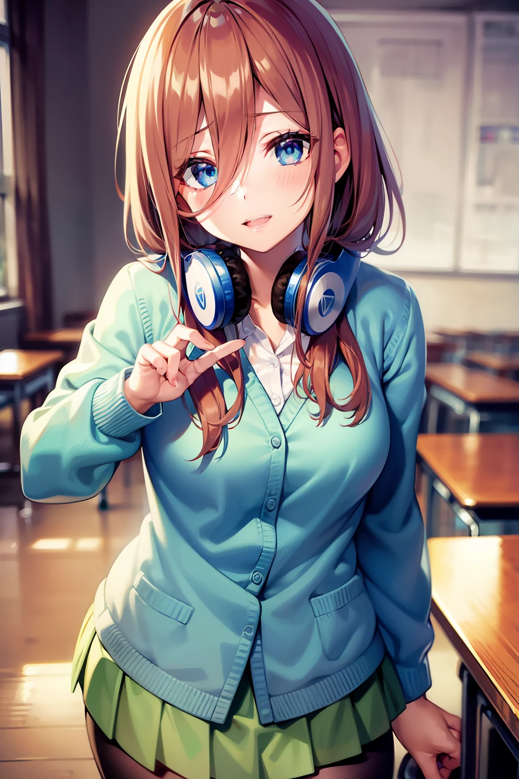 mikunakano, miku nakano, long hair, bangs, blue eyes, brown hair, shirt, hair between eyes, headphones, cardigan, headphones around neck,
BREAK skirt, shirt, long sleeves, white shirt, pantyhose, pleated skirt, black pantyhose, cardigan, green skirt, blue cardigan,
BREAK indoors, classroom,
BREAK looking at viewer, BREAK (masterpiece:1.2), best quality, high resolution, unity 8k wallpaper, (illustration:0.8), (beautiful detailed eyes:1.6), extremely detailed face, perfect lighting, extremely detailed CG, (perfect hands, perfect anatomy),