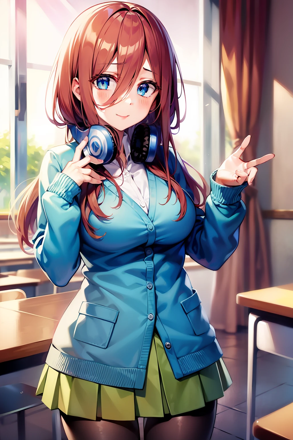 mikunakano, miku nakano, long hair, bangs, blue eyes, brown hair, shirt, hair between eyes, headphones, cardigan, headphones around neck,
BREAK skirt, shirt, long sleeves, white shirt, pantyhose, pleated skirt, black pantyhose, cardigan, green skirt, blue cardigan,
BREAK indoors, classroom,
BREAK looking at viewer, BREAK (masterpiece:1.2), best quality, high resolution, unity 8k wallpaper, (illustration:0.8), (beautiful detailed eyes:1.6), extremely detailed face, perfect lighting, extremely detailed CG, (perfect hands, perfect anatomy),