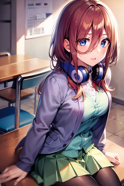 mikunakano, miku nakano, long hair, bangs, blue eyes, brown hair, shirt, hair between eyes, headphones, cardigan, headphones aro...