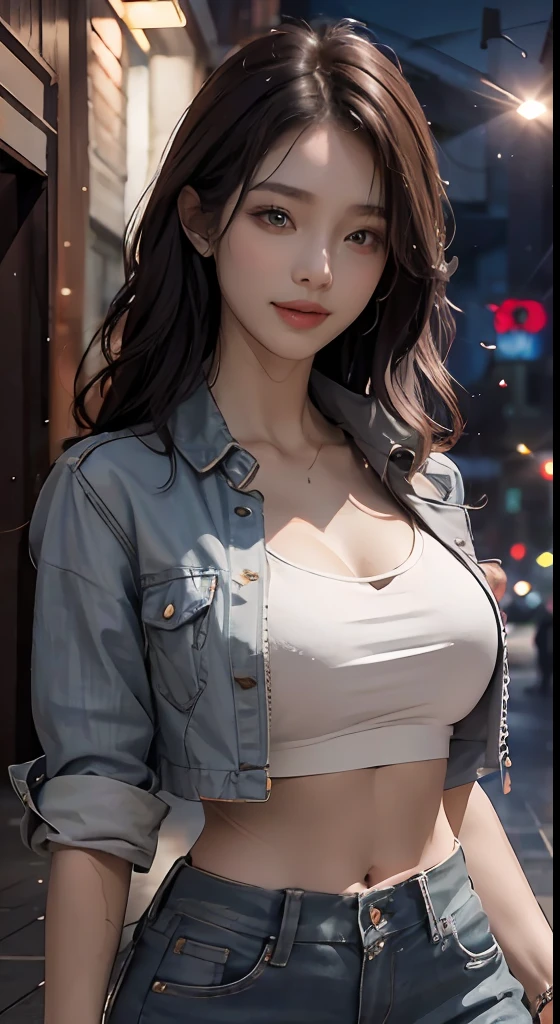 (8k, best quality, masterpiece:1,2), (realistic, photo-realistic:1,37), top quality, masterpiece, a beautiful woman, wearing a shirt for women crop v neck top white t-shirt korean fashion women t with a tight open gray color jacket, beautiful and toned body, cleavage, floral mini skirt, walking in the suburbs, slightly drizzling night background, in shops with Korean-style shop lights, night atmosphere, slightly wet asphalt, seductive smiles with dimples,