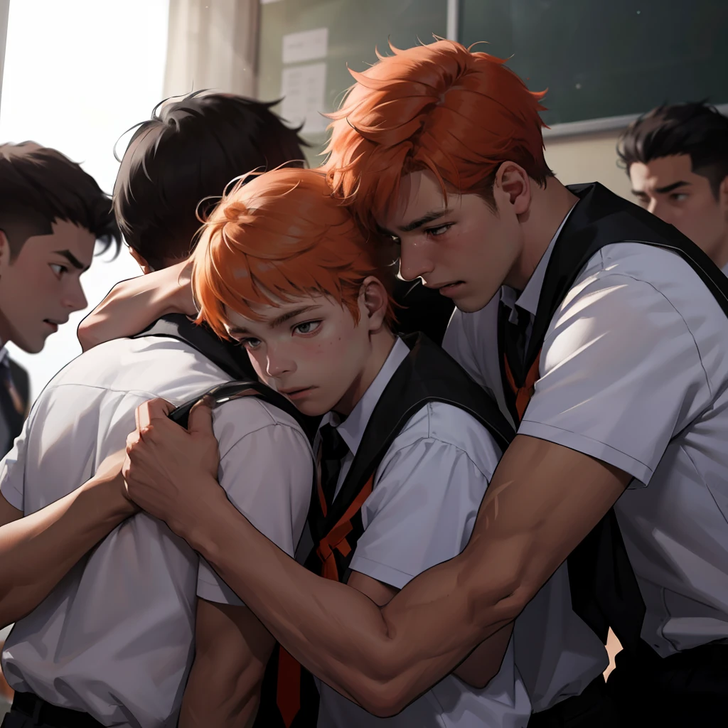 15-year-olds with orange hair mourn the death of their brown-skinned children, hermano latino de pelo naranja, estan en la escuela hablan preocupados sobre algo importante