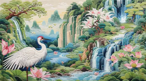 needle point embroidery，embroidered antique scene，white crane，lotuses，waterfallr，blue-sky，baiyun，chinese landscape painting