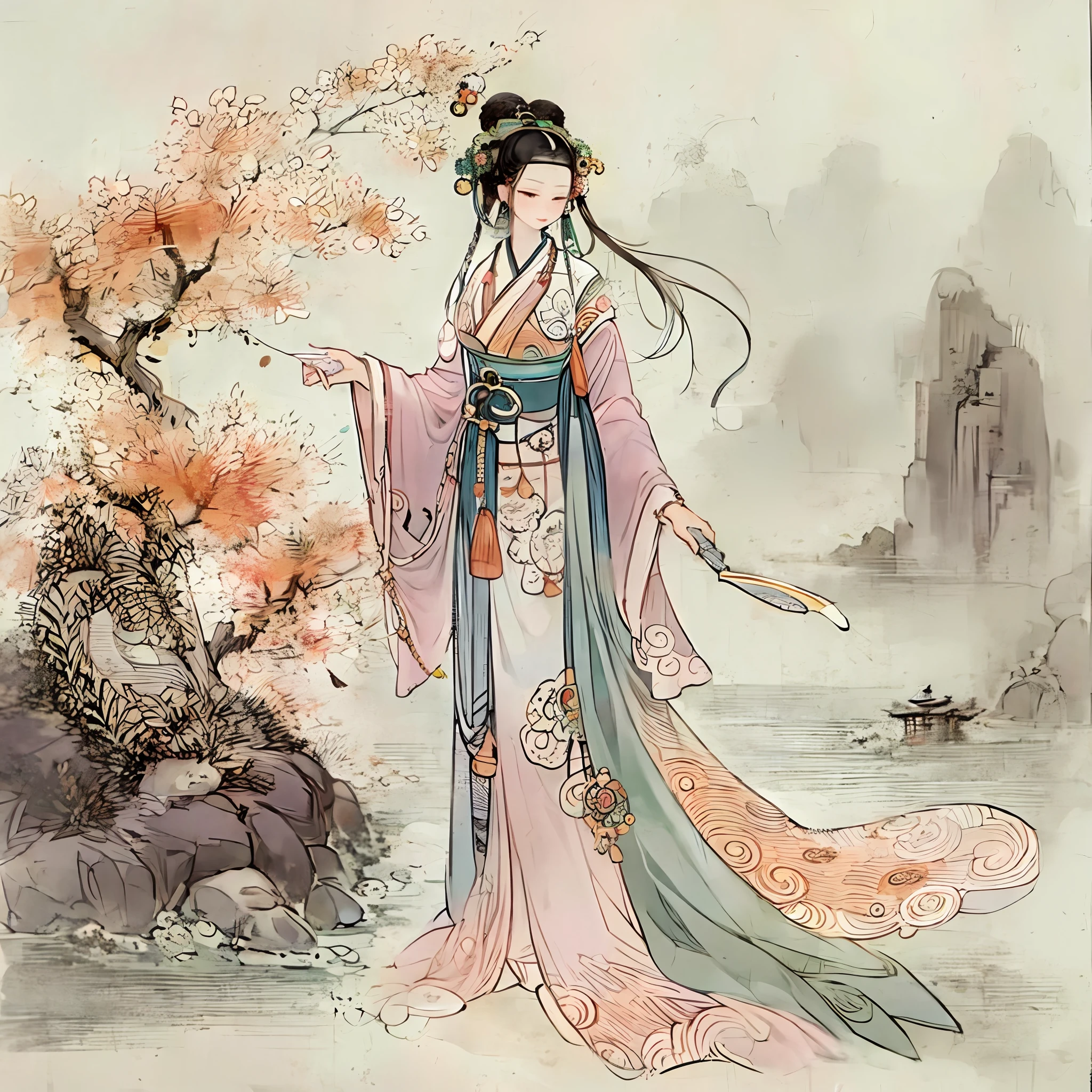 Eine alte chinesische Göttin mit Schmuck，Hanfu langer Rock fließend,Tuschemalerei-Stil,