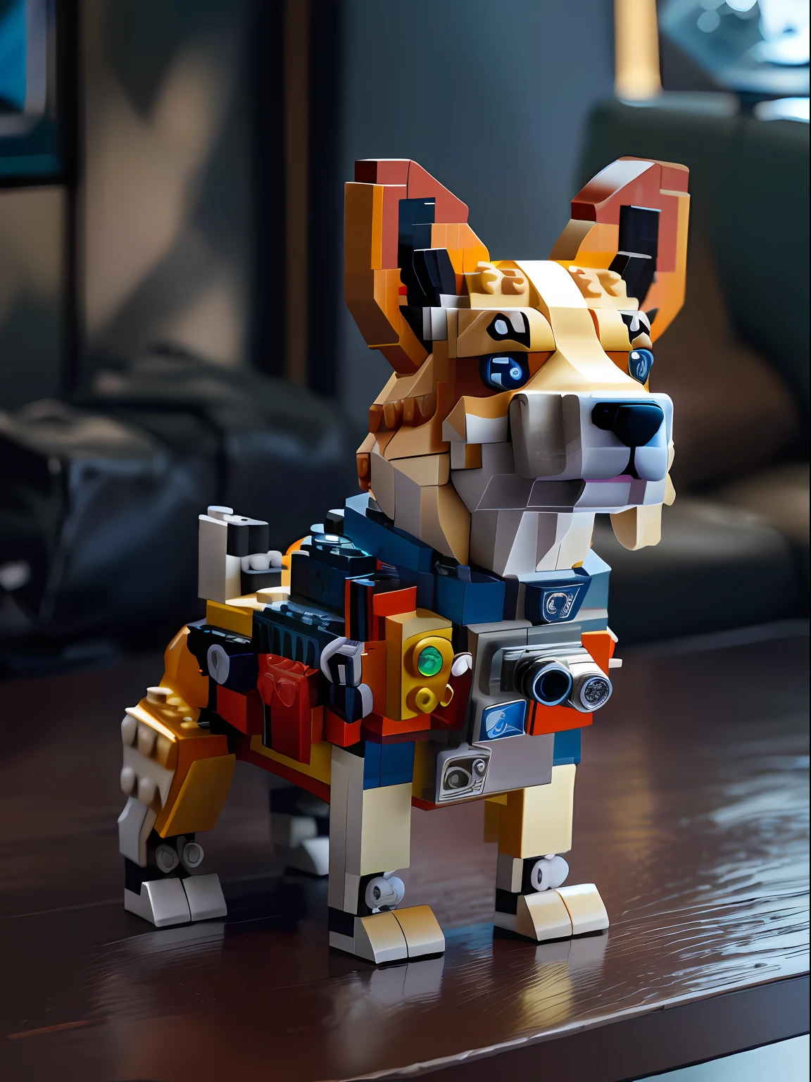 Lego-Hund sitzt auf dem Tisch，Die Kamera war in seinem Mund, Legoshi von Beastars, aus Lego, Beastars Legoshi, sehr sehr detailliert, sehr hohe Detailliertheit, Hochdetailliertes Spielzeug, zeigt einen Corgi aus Feuer, voxels art, corgi cosmonaut, extrem hoher Detailreichtum, mega hochdetailliert, Autor：Emma Andievska