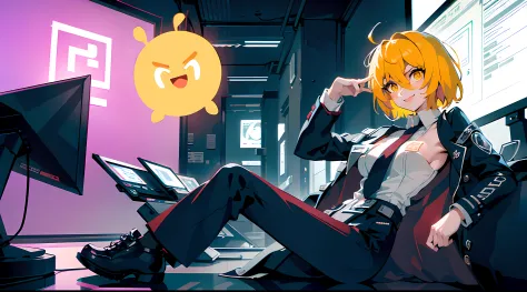 ((Best quality)), ((masterpiece)), (highly detailed:1.3), 3D,NeonNoir, one girl, solo, small chest, black office pants, side vie...