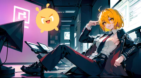 ((best quality)), ((masterpiece)), (highly detailed:1.3), 3d,neonnoir, one girl, solo, small chest, black office pants, side vie...