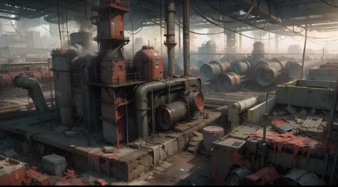 Large expanses of abandoned factories，Many chimneys，A large amount of industrial waste，Low saturation，Cinematic shot-style，illusory engine，trending on artstationh，No Man，4K hyper-detail，Doomsday atmosphere，Gloomy sky，There is no light，Red light