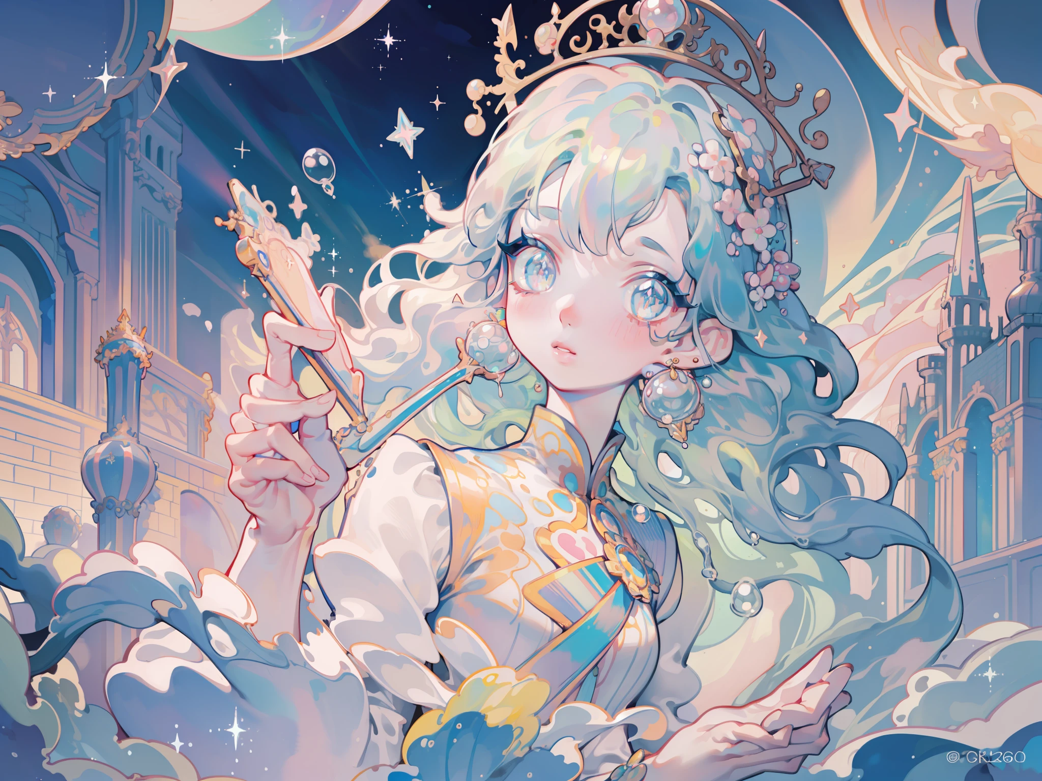 masterpiece, best quality, 8k resolution, sharp focus, intricate detail, beautiful girl, sparkling eyes, golden ratio face, otherworldly liquid, watercolor, ((pastel colors)), bright colors, whimsical, colorful, sharp focus, high resolution, fine detail, princess fantasy ballgown, ((round eyes)), iridescent bubbles, castle landscape in background, (portrait)