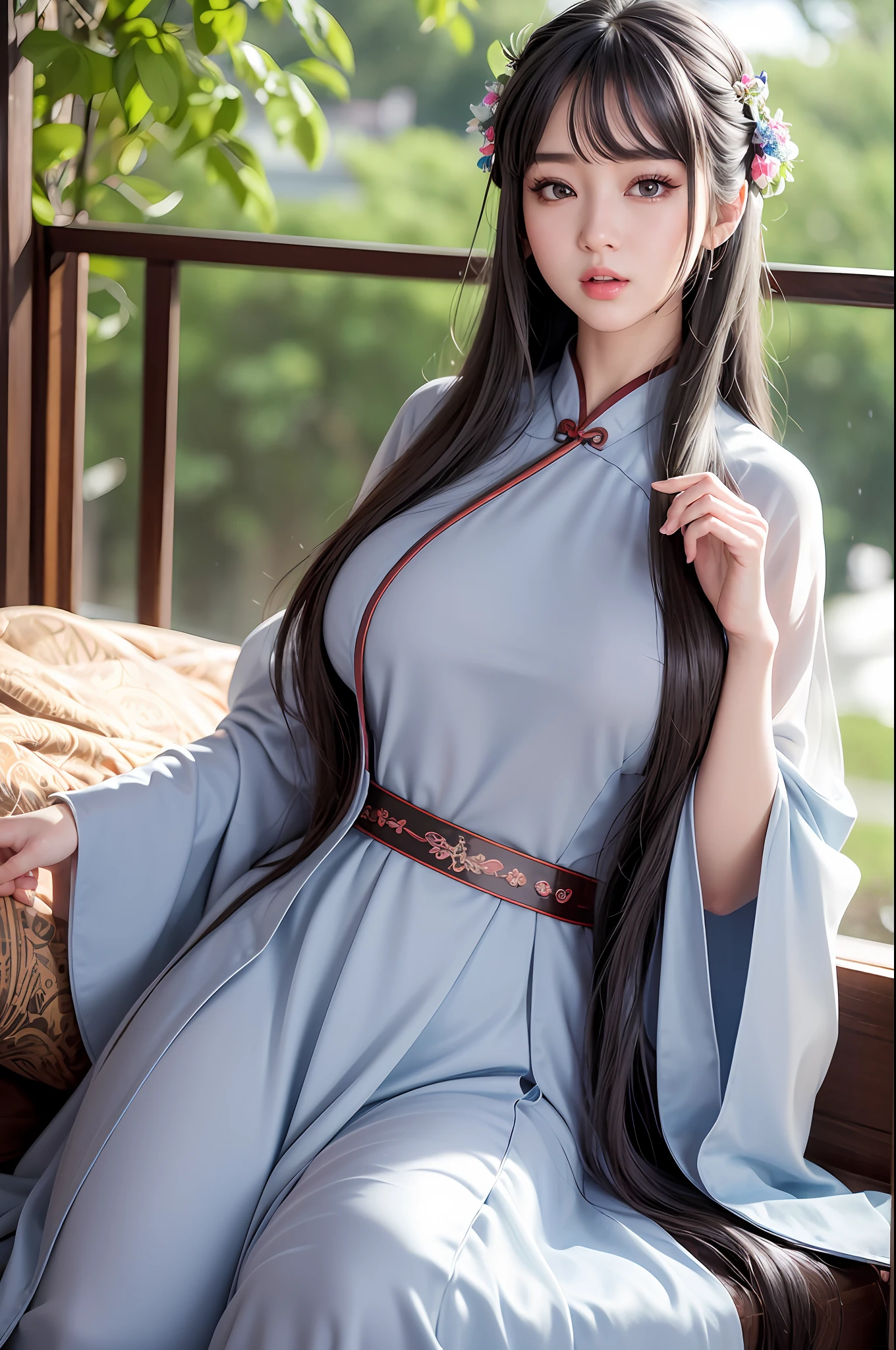 ulzzang-6500-v1.1,(raw photo:1.2),((photorealistic:1.4))best quality,masterpiece, illustration, an extremely decision and beautiful, extremely detailed,CG,unity,8k wallpaper, Amazing, finely detail, masterpiece, best quality, official art, very detailed CG unified 8k wallpaper, ridiculous, incredibly ridiculous, huge file size, super detailed, high resolution, very detailed, beautiful detailed girl, very detailed eyes and face, beautiful detailed eyes, light on face, movie lighting, ((gorgeous sexy hanfu)), 1girl, full body, full body photo, see-through, looking at the audience, ((gray hair)), huge breasts, nipple,Lie in bed