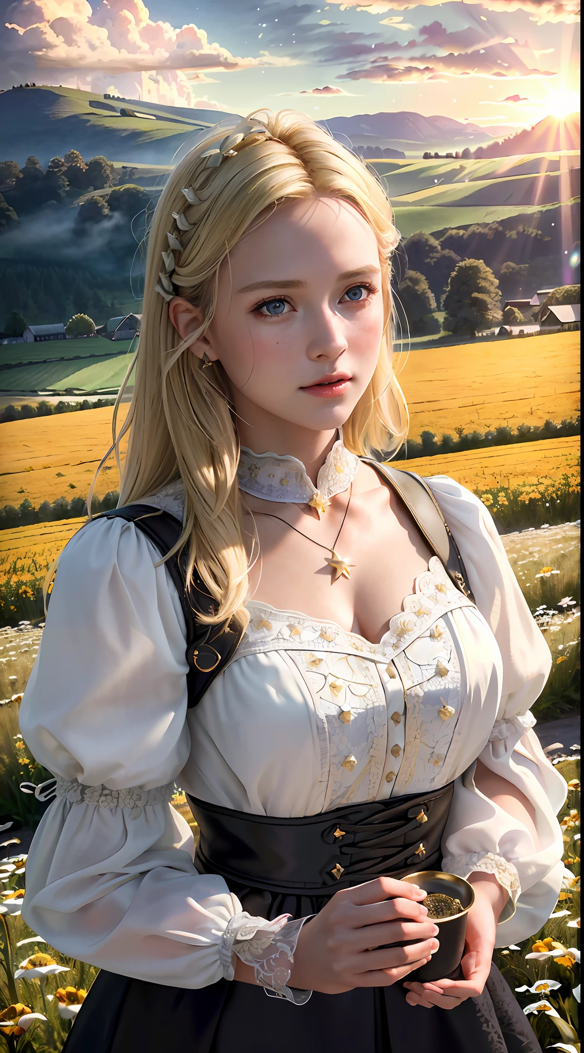 (realistic:1.3), finely detailed, quality, rembrandt lighting, (masterpiece:1.2), (photorealistic:1.2), (best quality), (detailed skin:1.3), (intricate details), dramatic, ray tracing, 1girl, american white girl, blonde hair, 21 years old, medium breasts, (Meadow, Sun, Clouds, Field, Farming, Starlight, Walking trail)
