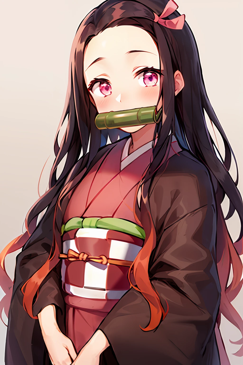 kamado nezuko, 1girl, bamboo, bit gag, brown hair, checkered sash, gag, gagged, gradient hair, hair ribbon, haori, japanese clothes, kimono, long hair, looking at viewer, multicolored hair, orange hair, pink eyes, pink kimono, pink ribbon, ribbon, solo, upper body,   ((masterpiece))