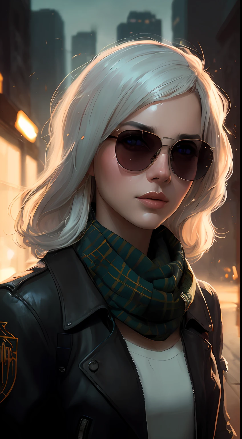 (dark shot:1.1), epic realistic, portrait of halo, sunglasses, blue eyes, tartan scarf, white hair by atey ghailan, by greg rutkowski, by greg tocchini, by james gilleard, by joe fenton, by kaethe butcher, gradient yellow, black, brown and magenta color scheme, grunge aesthetic!!! graffiti tag wall background, art by greg rutkowski and artgerm, soft cinematic light, adobe lightroom, photolab, hdr, intricate, highly detailed, (depth of field:1.4), faded, (neutral colors:1.2), (hdr:1.4), (muted colors:1.2), hyperdetailed, (artstation:1.4), cinematic, warm lights, dramatic light, (intricate details:1.1), complex background, (rutkowski:0.66), (teal and orange:0.4)