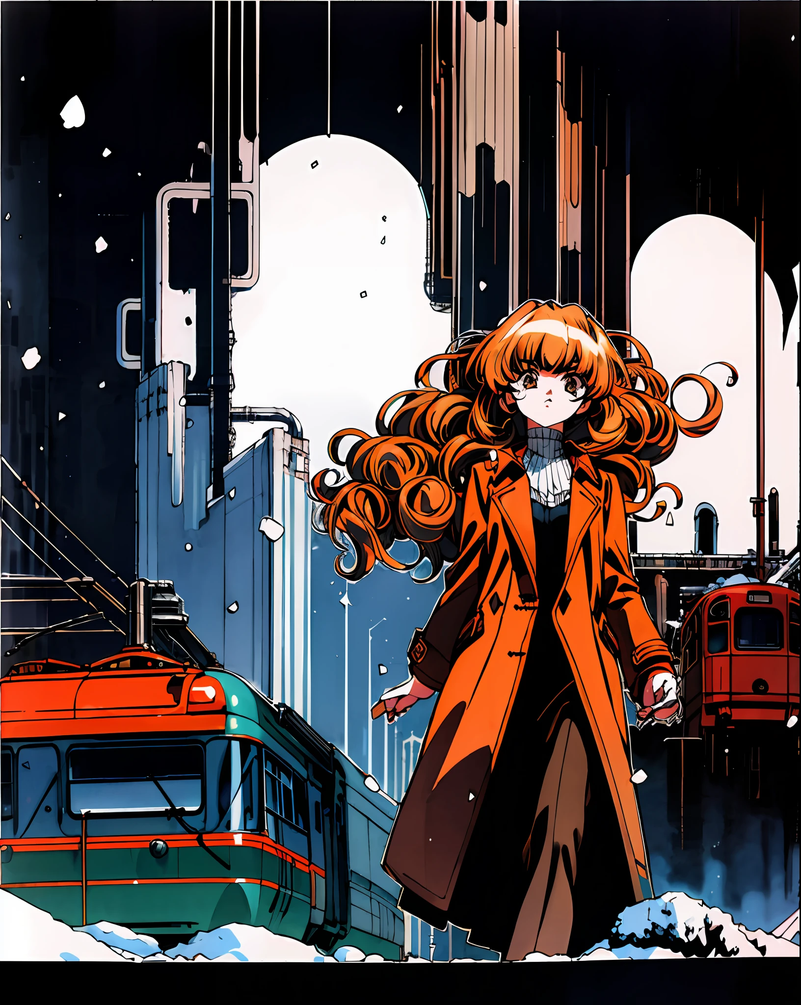 Taiga Aisaka walking by a train station on a snowy night, winter, snow, (gothic dress), (coat), VHS, vintage, manga style, black background, (bangs), wavy hair, glitch art, light brown hair