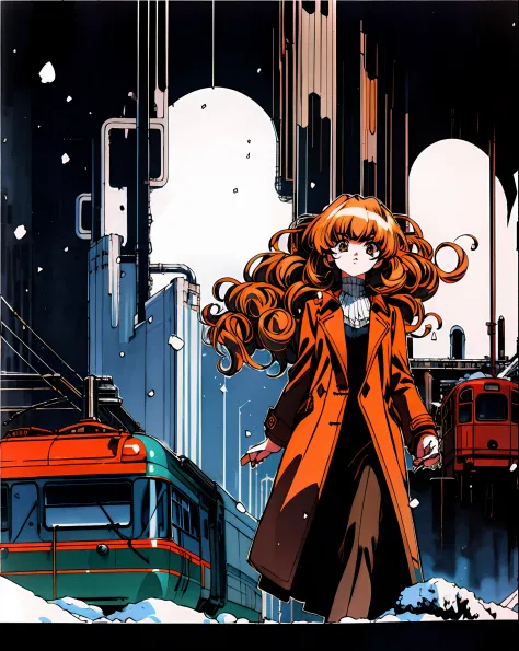 taiga aisaka walking by a train station on a snowy night, winter, snow, (gothic dress), (coat), vhs, vintage, manga style, black...