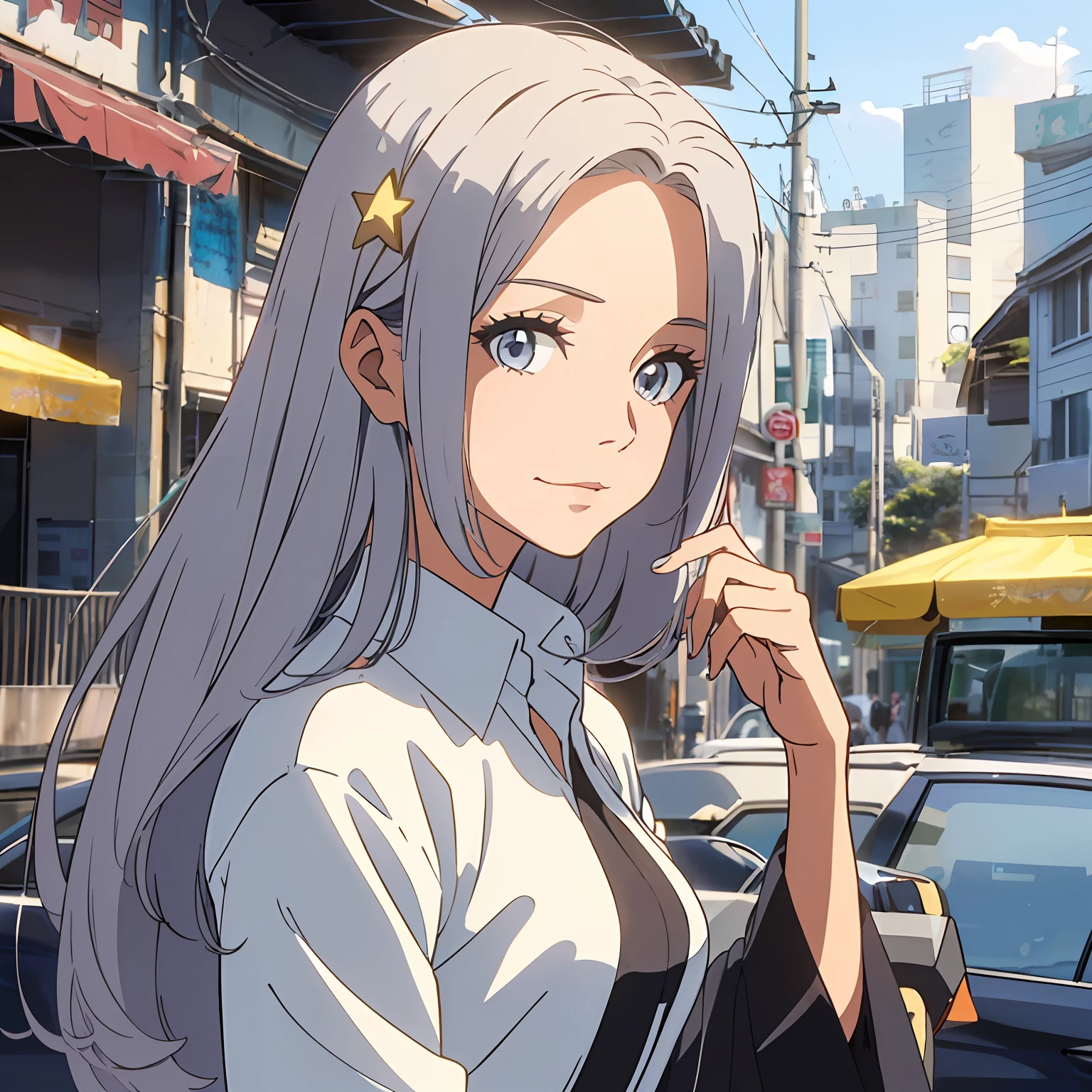 Anime girl with long gray hair and white shirt standing in the middle of a  street - SeaArt AI