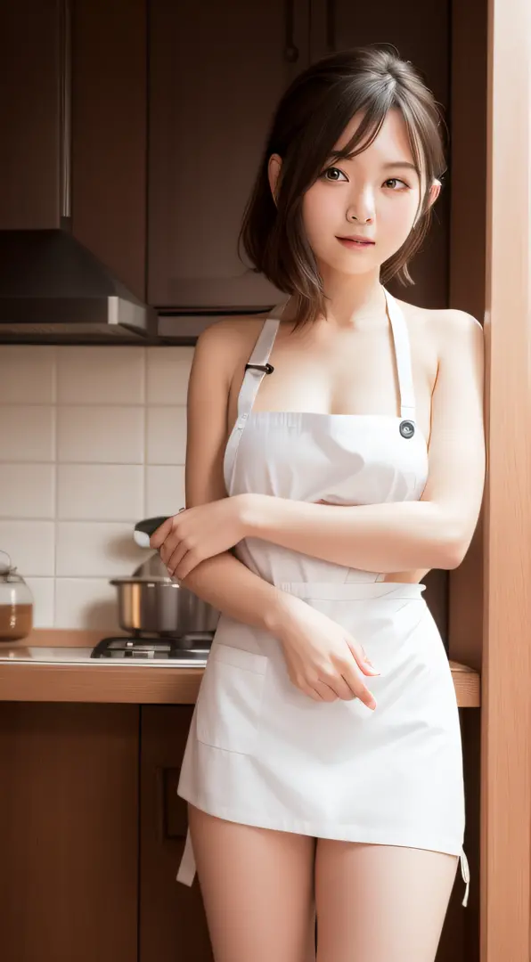 The most beautiful 40-year-old women, Detailed body with large breasts, sexy  facial expression, (((Naked and white short-breasted plate apron))), Detailed  lips - SeaArt AI