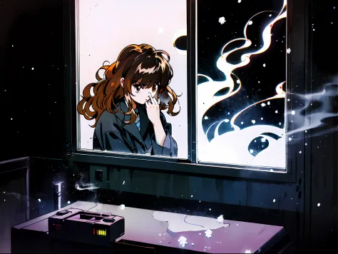 taiga aisaka smoking a cigarette looking out the window in a bedroom, (night), winter, (neon lights), vhs, vintage, manga style,...