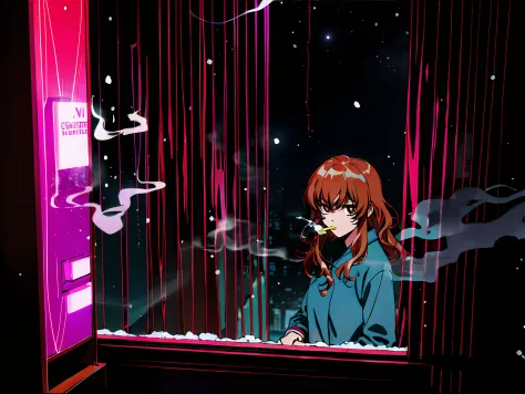 taiga aisaka smoking a cigarette looking out the window in a bedroom, (night), winter, (neon lights), vhs, vintage, manga style,...