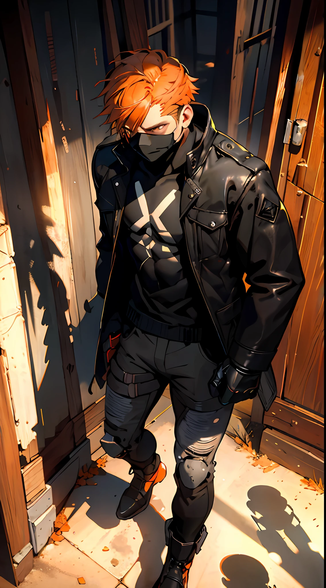 a masked fighter résistant a black jacket with shadows coming out of his body, résistant , aux cheveux courts orange foncé
