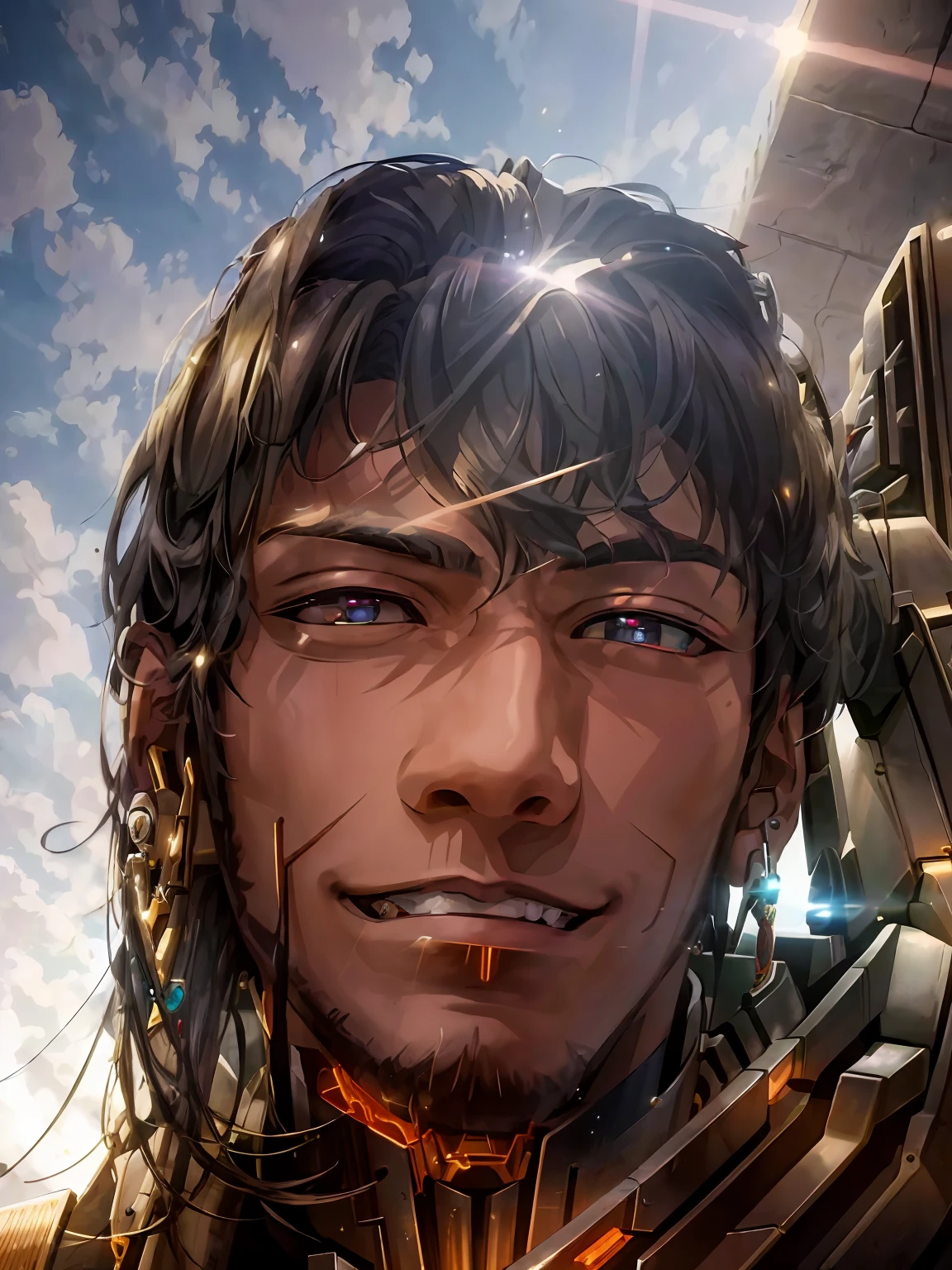 Masterpiece, best quality, 1 boy, grin, dramatic lighting ,epic, cyborg, mecha, machinery, robot, weapon, earrings,