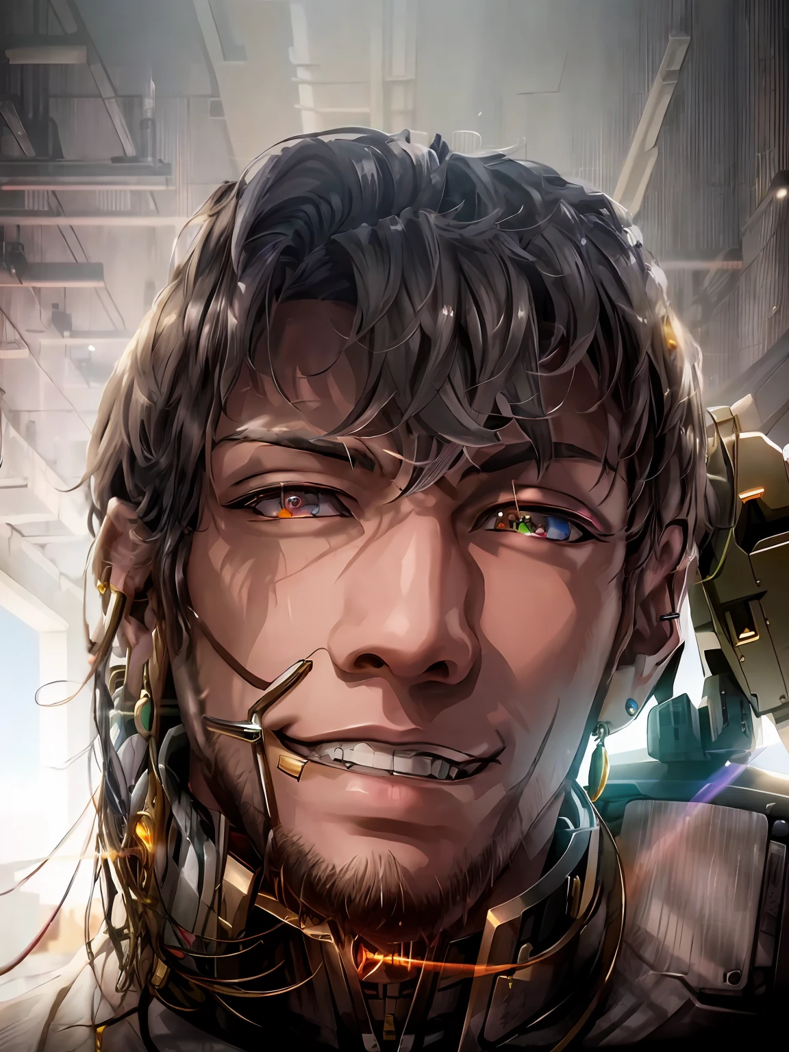 Masterpiece, best quality, 1 boy, grin, dramatic lighting ,epic, cyborg, mecha, machinery, robot, weapon, earrings,