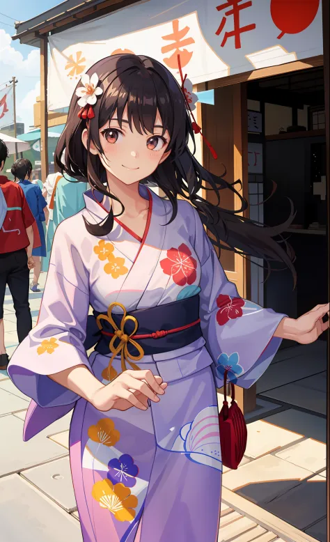 1girl in、A smile、Wearing a yukata、Summer Festivals、skyrocket、the wind、夏天、