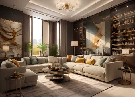 ultra realistic, masterpiece, best quality, super detailed, ultra high res, raw photo, 8k,
a modern livingroom, (fabric sofa), (fabric pillow), stone opaque resin panel, brown and white, luxury, in the style of enchanting lighting, light gold and light bla...