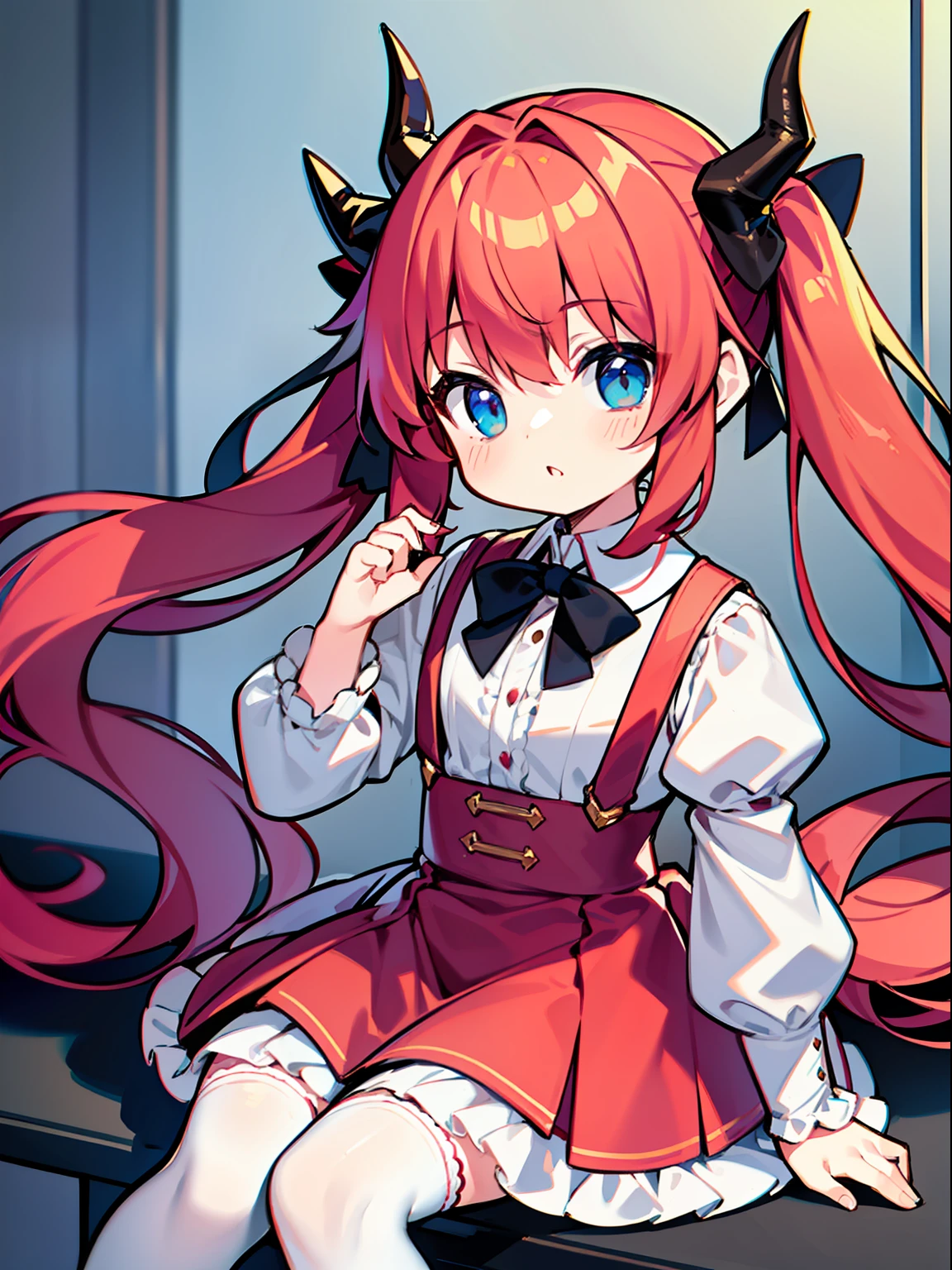 {{best quality}}, {{masterpiece}}, {{ultra-detailed}}, {illustration}, {detailed light}, red hair,blue eyes,twintails,lolita,Suspenders skirt,Fantastic,loli,solo,Dragon horns,little girl,long hair