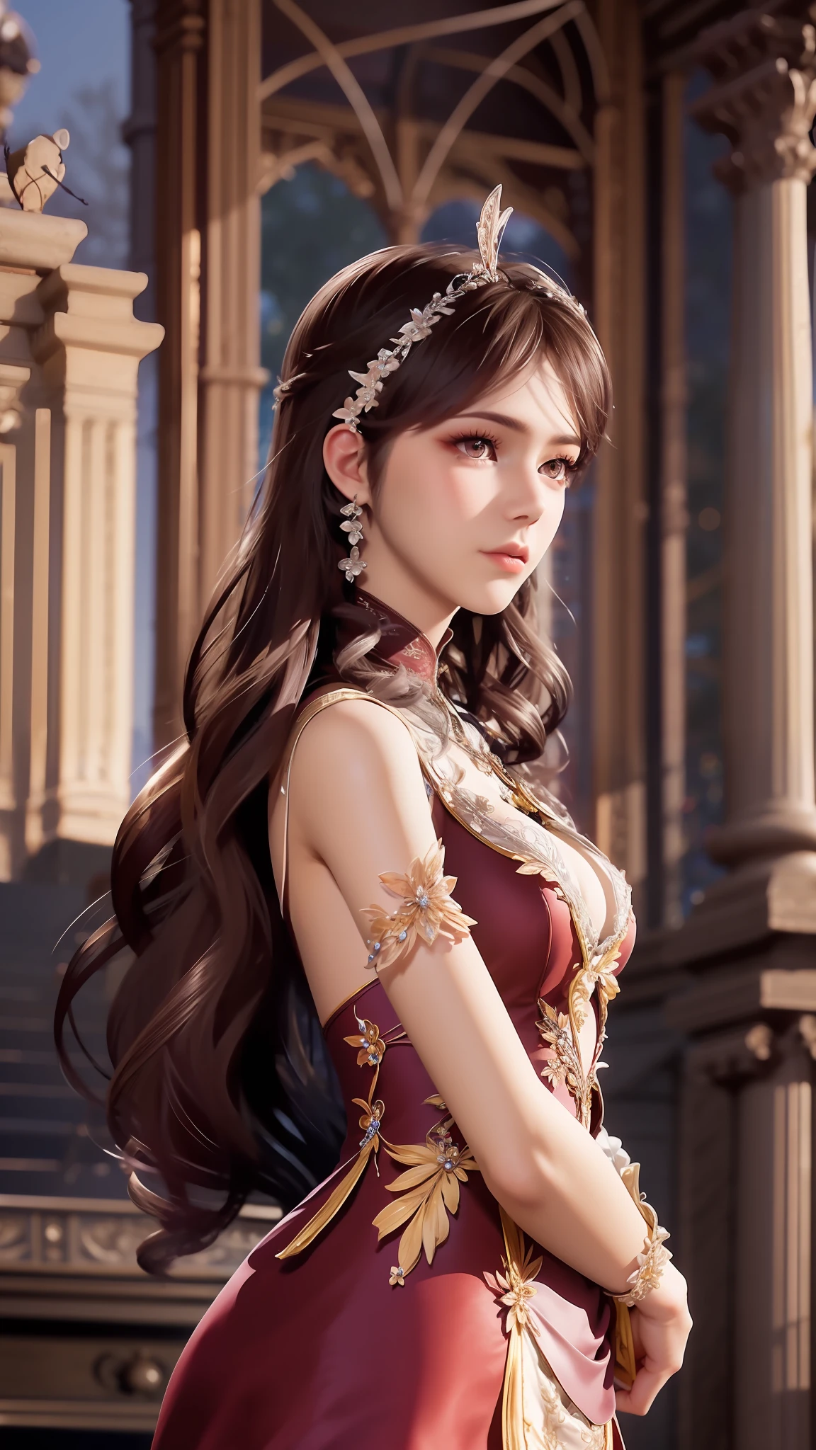 tmasterpiece，Best picture quality，HD 8K wallpaper，Beautiful picture，Elegant single woman，Round dress，Shiny eyes，Detail at its best，An exquisite masterpiece，Pure beauty and lightness，Moderately aesthetic，Gentle and elegant，Attention to detail，Reddish brown lace round dress，Immortal