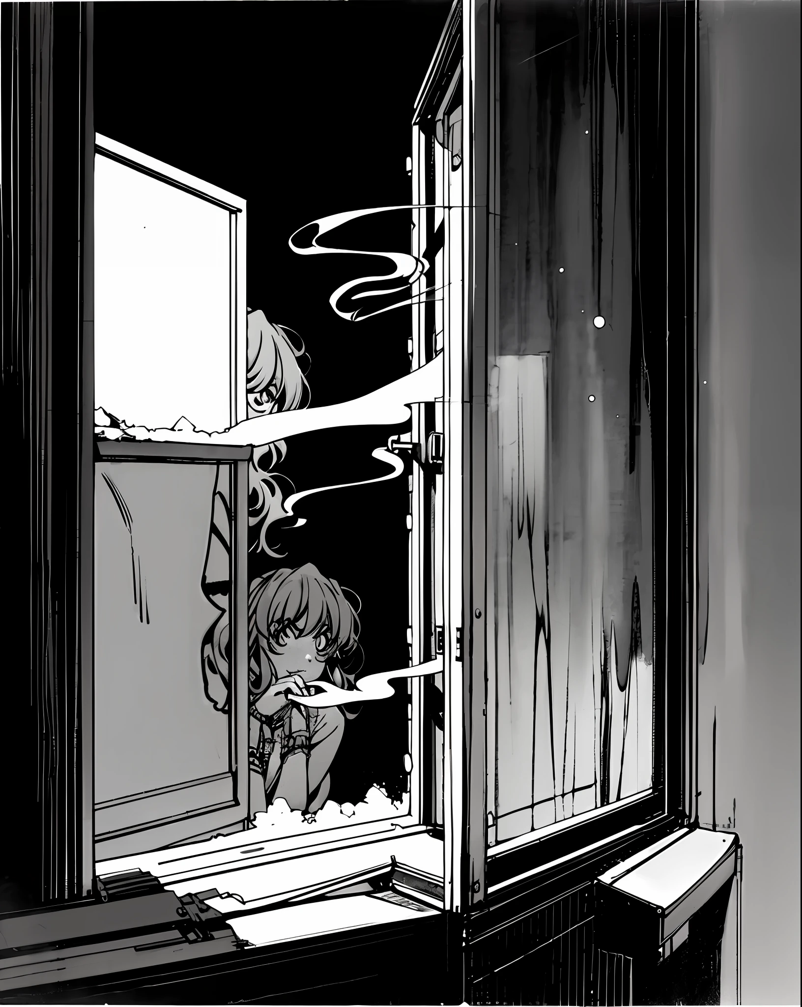 Taiga Aisaka smoking a cigarette looking out the window in a bedroom, (night), winter, (neon lights), ((monochrome)), VHS, vintage, manga style, snow, black background, (bangs), wavy hair, glitch art, gray hair