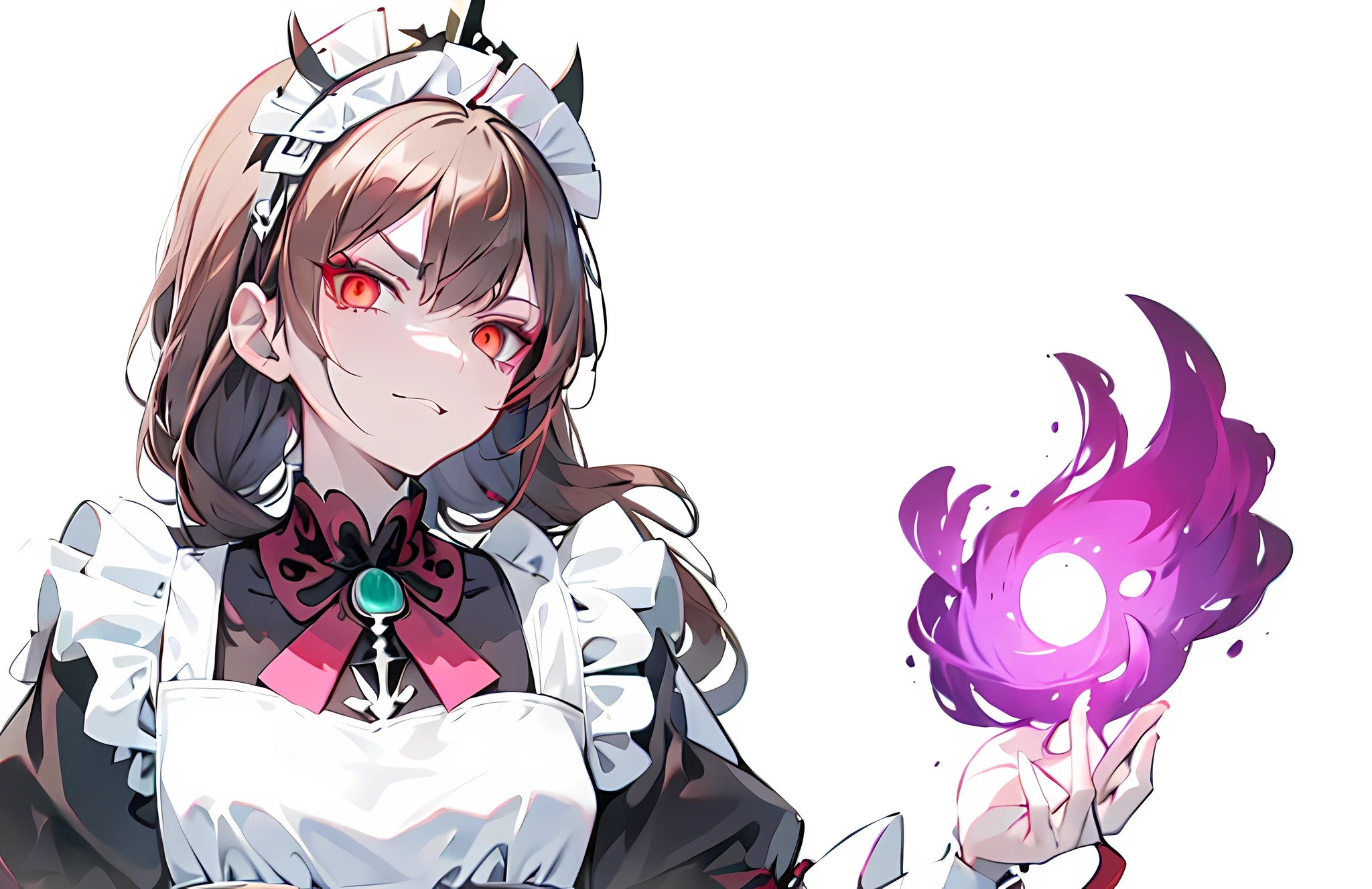 Masterpiece,Best quality,offcial art,extremely , shalltear from overlord, Genshin Impact,  Female protagonist,  Aura of evil, Menacing aura, devious evil expression, smug expression, exploitable image,  Brown hair, evil eyes, maid_headdress, Full body diagram