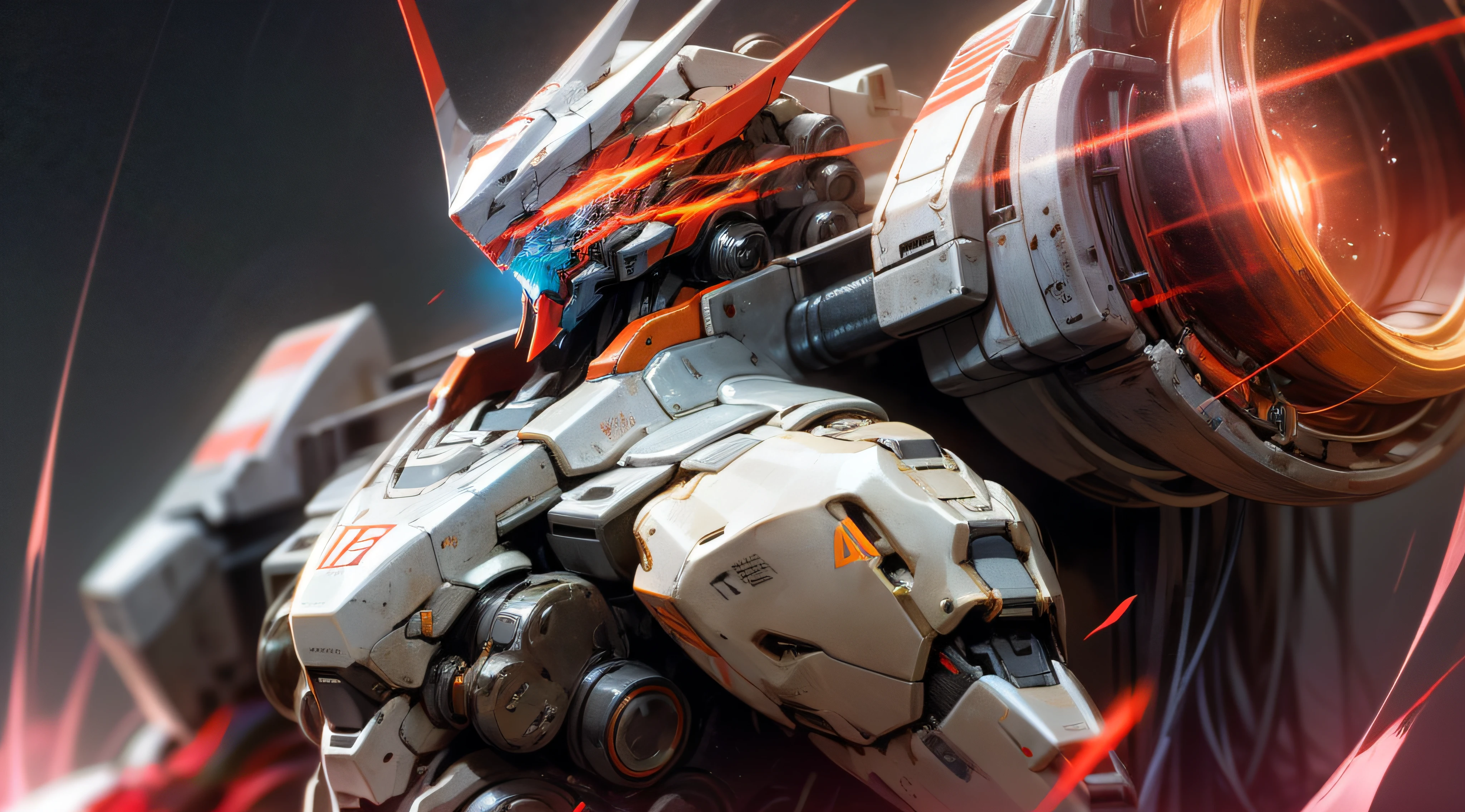 A beautiful game CG with Doomsday Theme A as the main body，This is a light black and light white mech，Its hands hold a broad heavy sword，Exudes a fiery red glow：1.2，The mecha's eyes glowed a dazzling red light：0.8，Realistic effects，lightand shade contrast，Dark fog，Flow effects，The mech lines are detailed and exquisite，The mecha's face is delicate and clear，The picture is dark，The light source is emitted on the eye，facial closeups