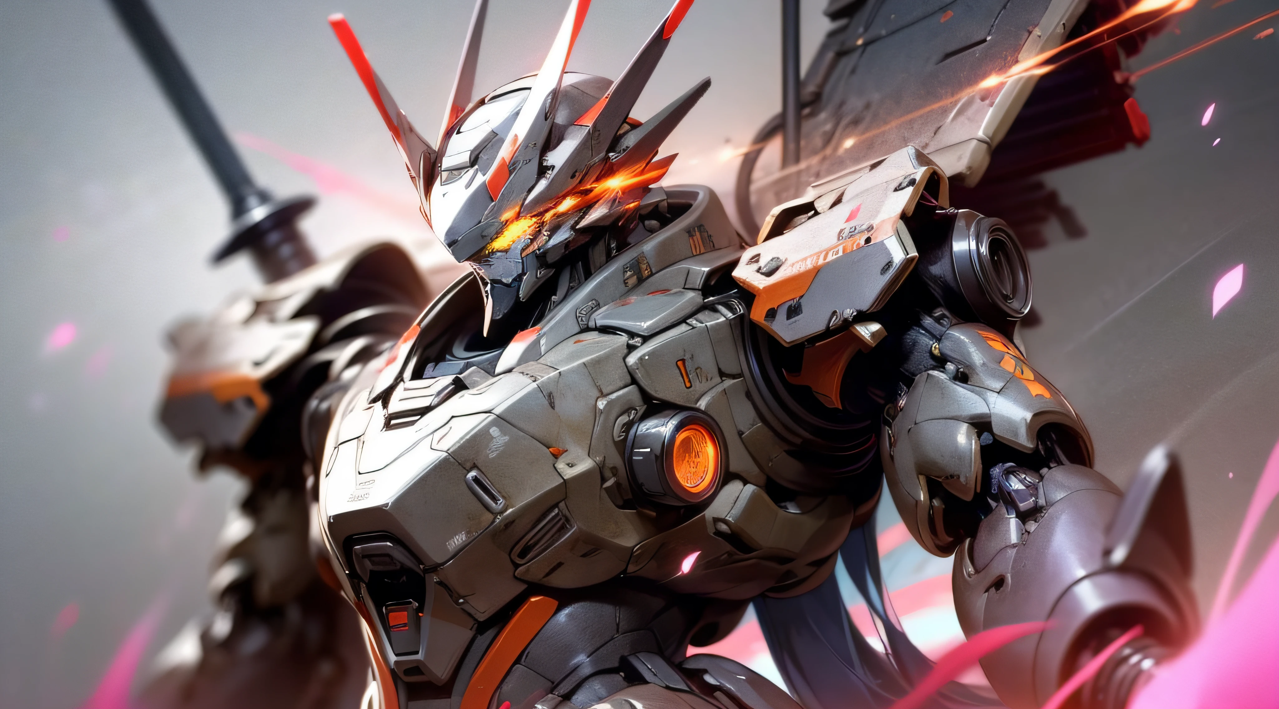 A beautiful game CG with Doomsday Theme A as the main body，This is a light black and light white mech，Its hands hold a broad heavy sword，Exudes a fiery red glow：1.2，The mecha's eyes glowed a dazzling red light：0.8，Realistic effects，lightand shade contrast，Dark fog，Flow effects，The mech lines are detailed and exquisite，The mecha's face is delicate and clear，The picture is dark，The light source is emitted on the eye，facial closeups